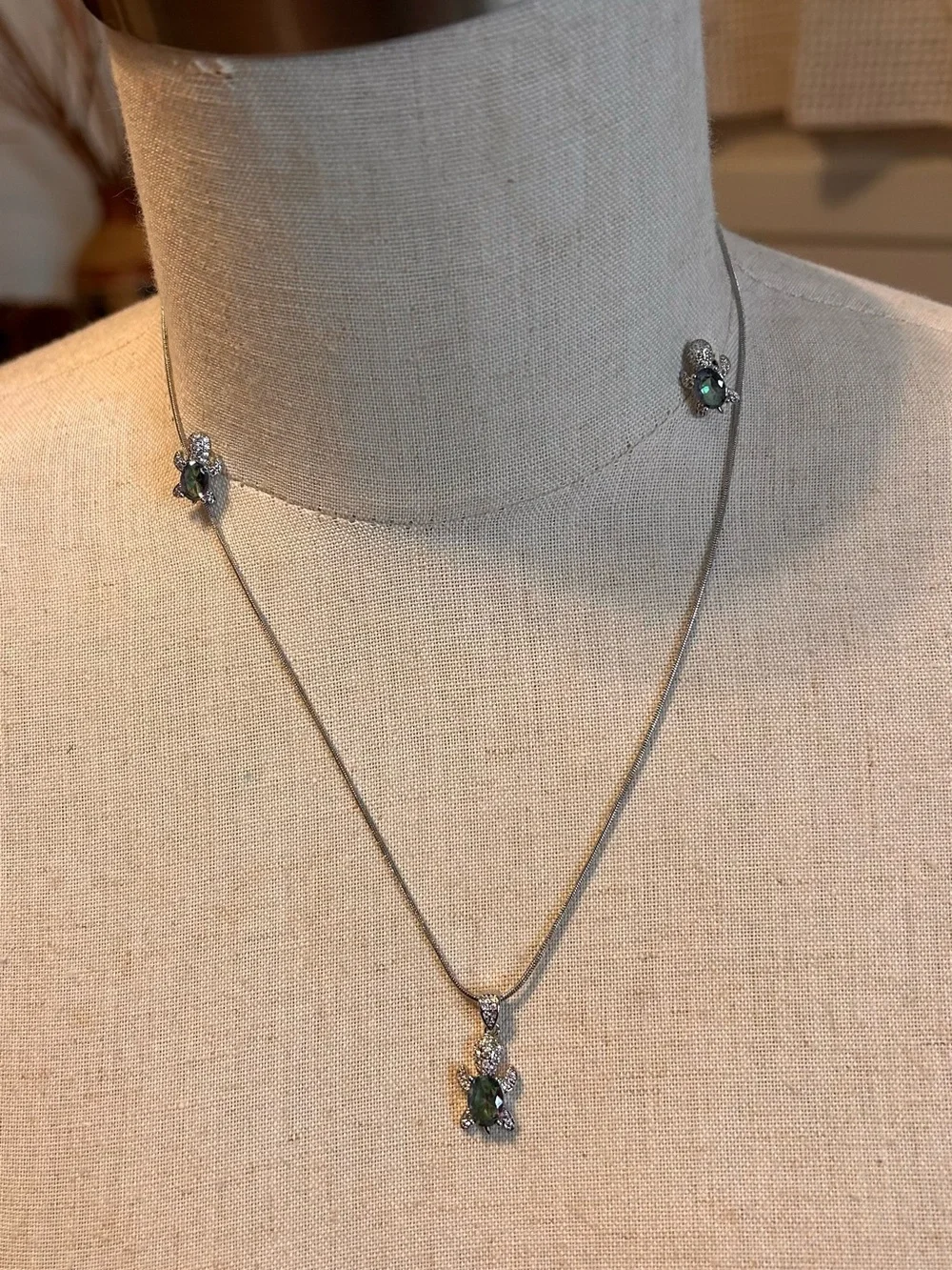 Silver Necklace and Earrings Set with Green Gem Accents